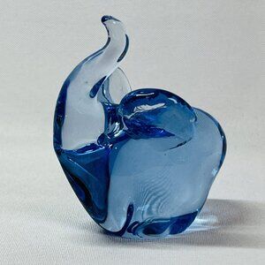 Blue Art Glass Elephant Vintage Hand Blown Raised Trunk Good Luck Figurine